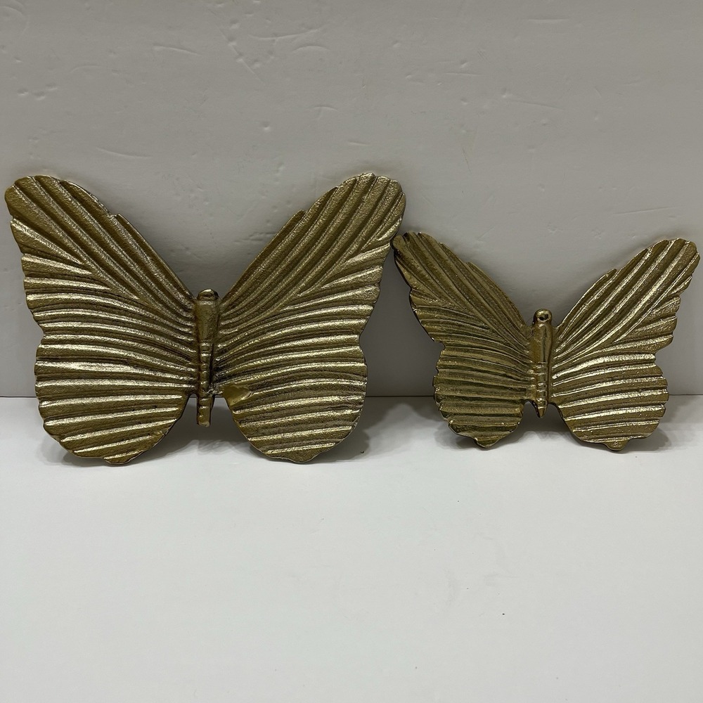 Butterfly Wall Decor Gold Tone Metal Heavy Ribbed Texturing Feet Set Of 2